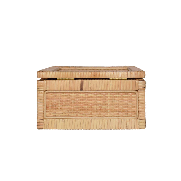 SMALL NATURAL RATTAN DECORATIVE BOX WITH BRASS FOOT CAPS