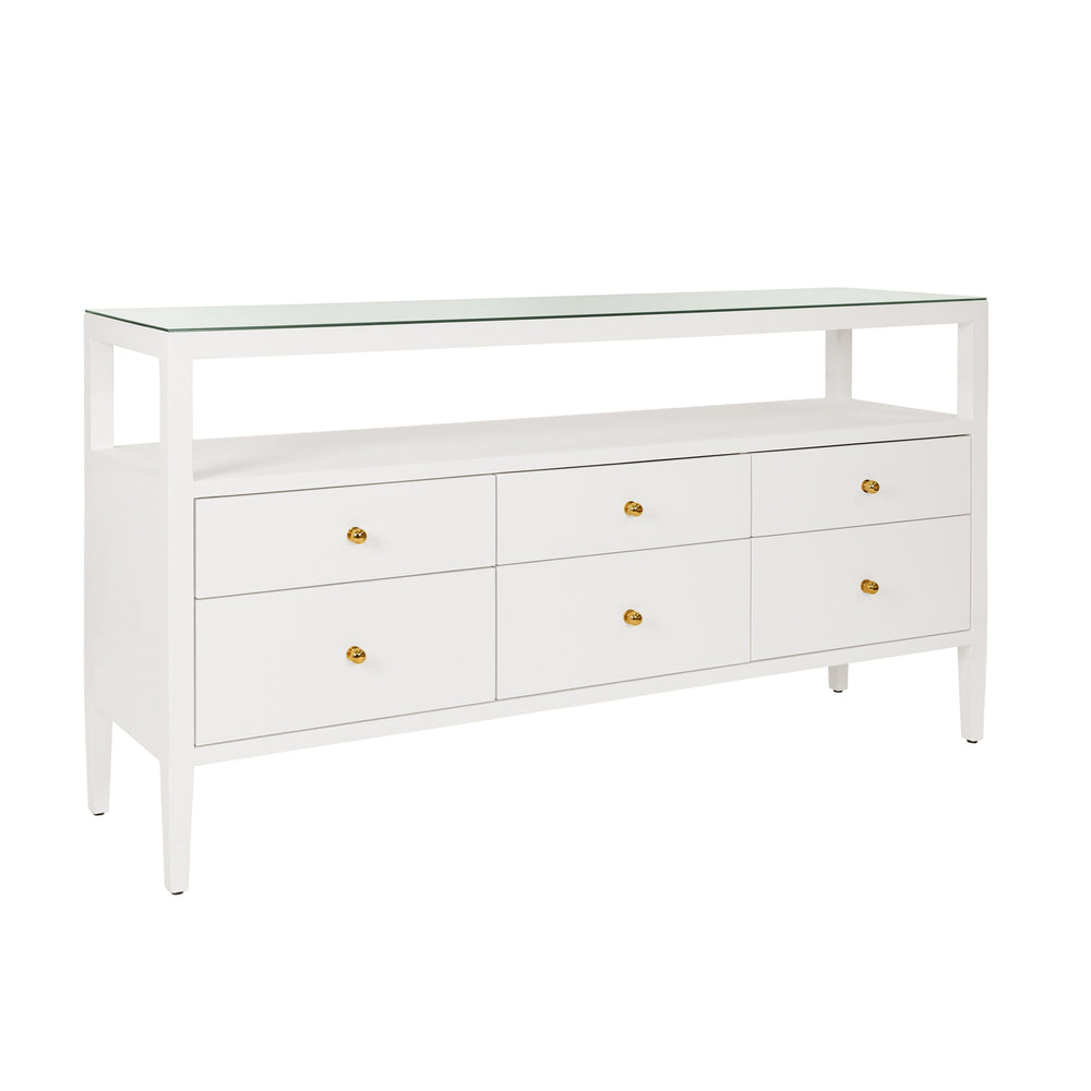 SIX DRAWER CONSOLE WITH OPEN SHELF IN TEXTURED WHITE LINEN WITH POLISHED BRASS KNOBS