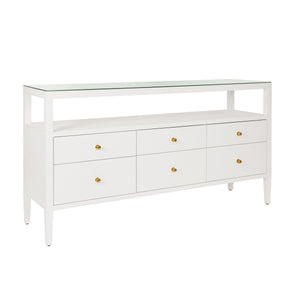SIX DRAWER CONSOLE WITH OPEN SHELF IN TEXTURED WHITE LINEN WITH POLISHED BRASS KNOBS