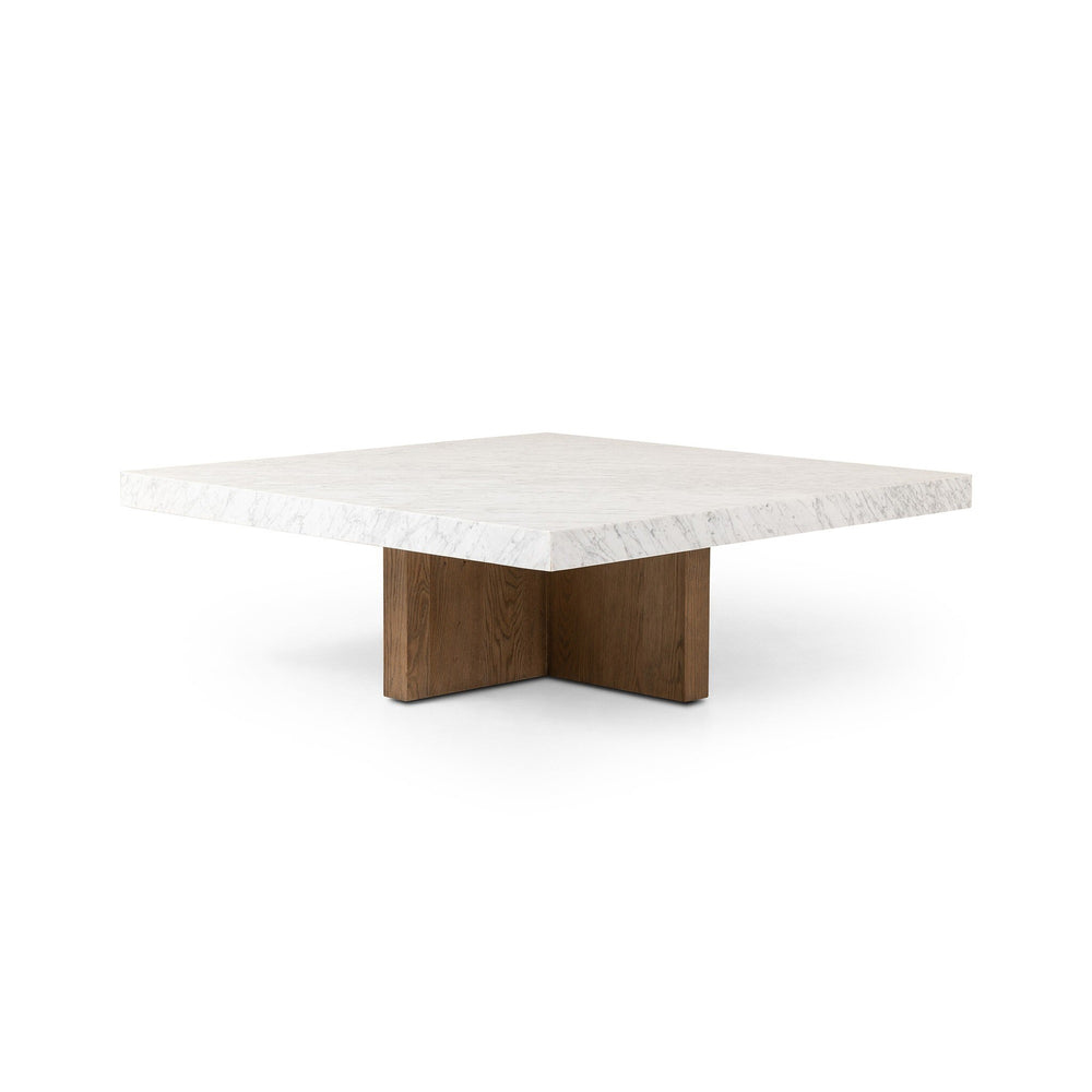 Bellamy Square Coffee Table In White Carrera Marble
