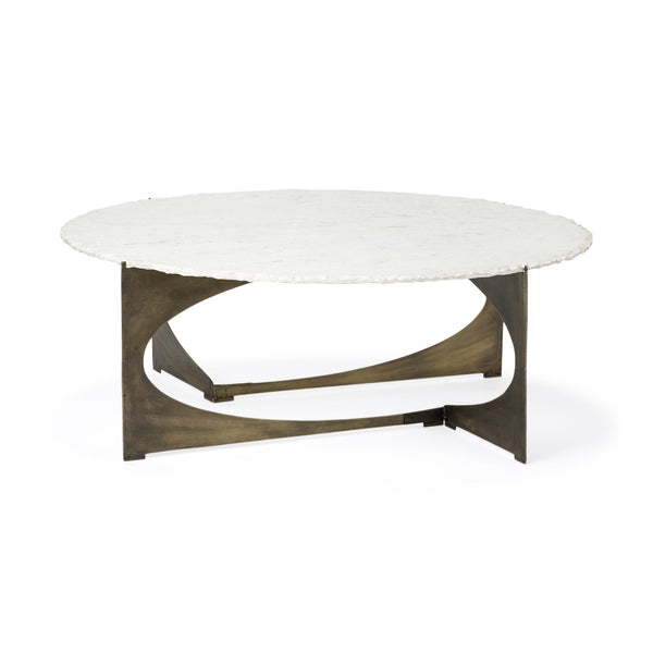 Reinhold 49" Round White Marble Top Gold Metal Base Coffee Table