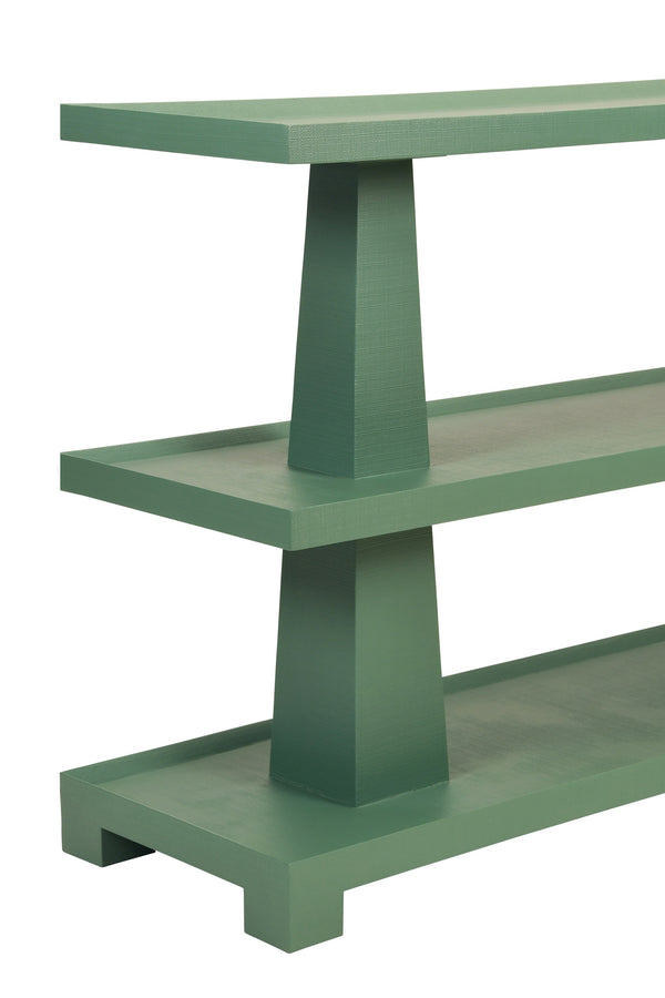 THREE TIER TWO COLUMN CONSOLE IN TEXTURED GREEN LINEN
