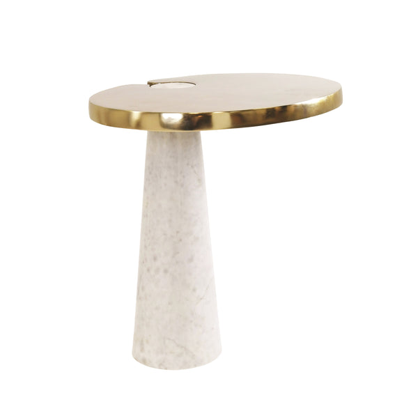 OVAL SIDE TABLE WITH BRASS TOP AND WHITE MARBLE PEDESTAL BASE