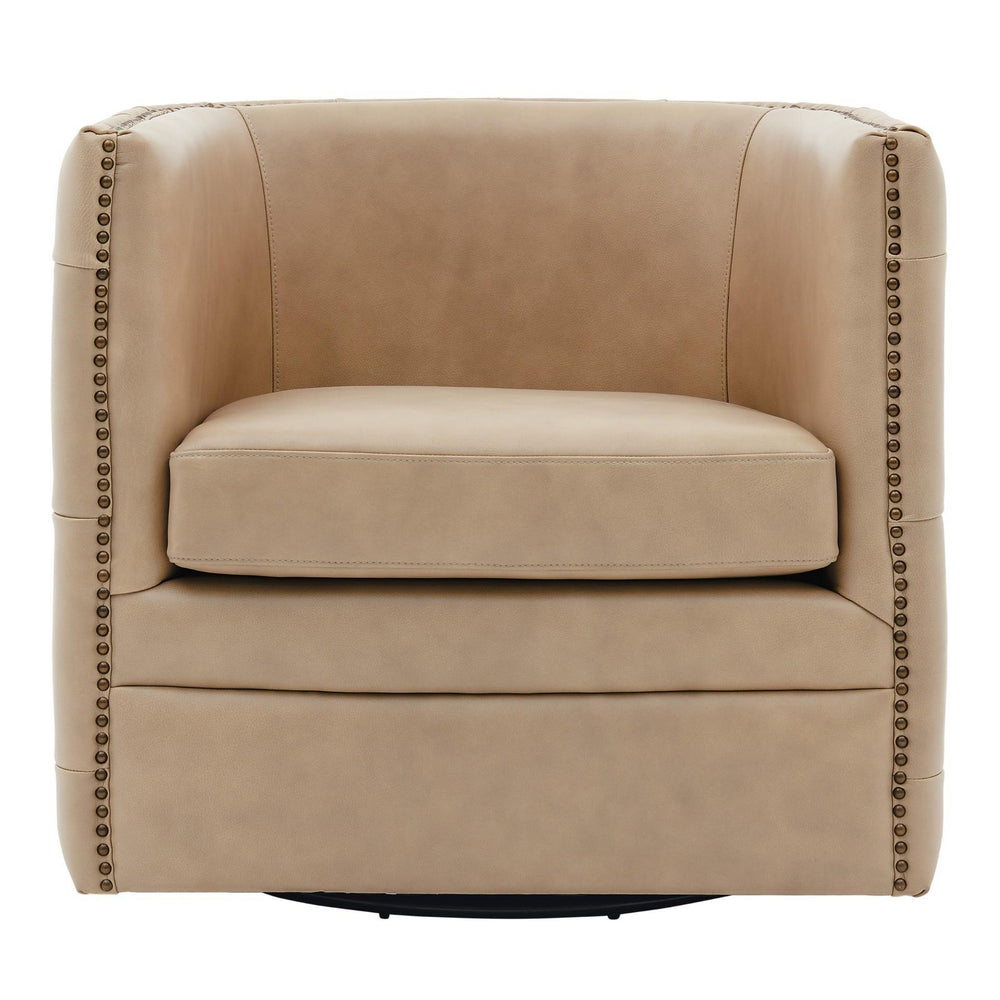 Leslie Top Grain Leather Swivel Tufted Arm Chair In Garrett Beige