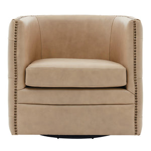 Leslie Top Grain Leather Swivel Tufted Arm Chair In Garrett Beige
