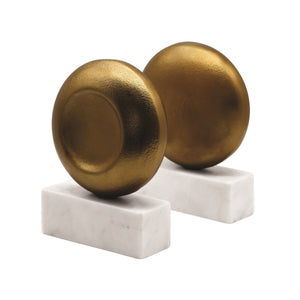 DISK SHAPED TEXTURED BRASS METAL BOOKEND WITH SQUARE WHITE MARBLE BASE