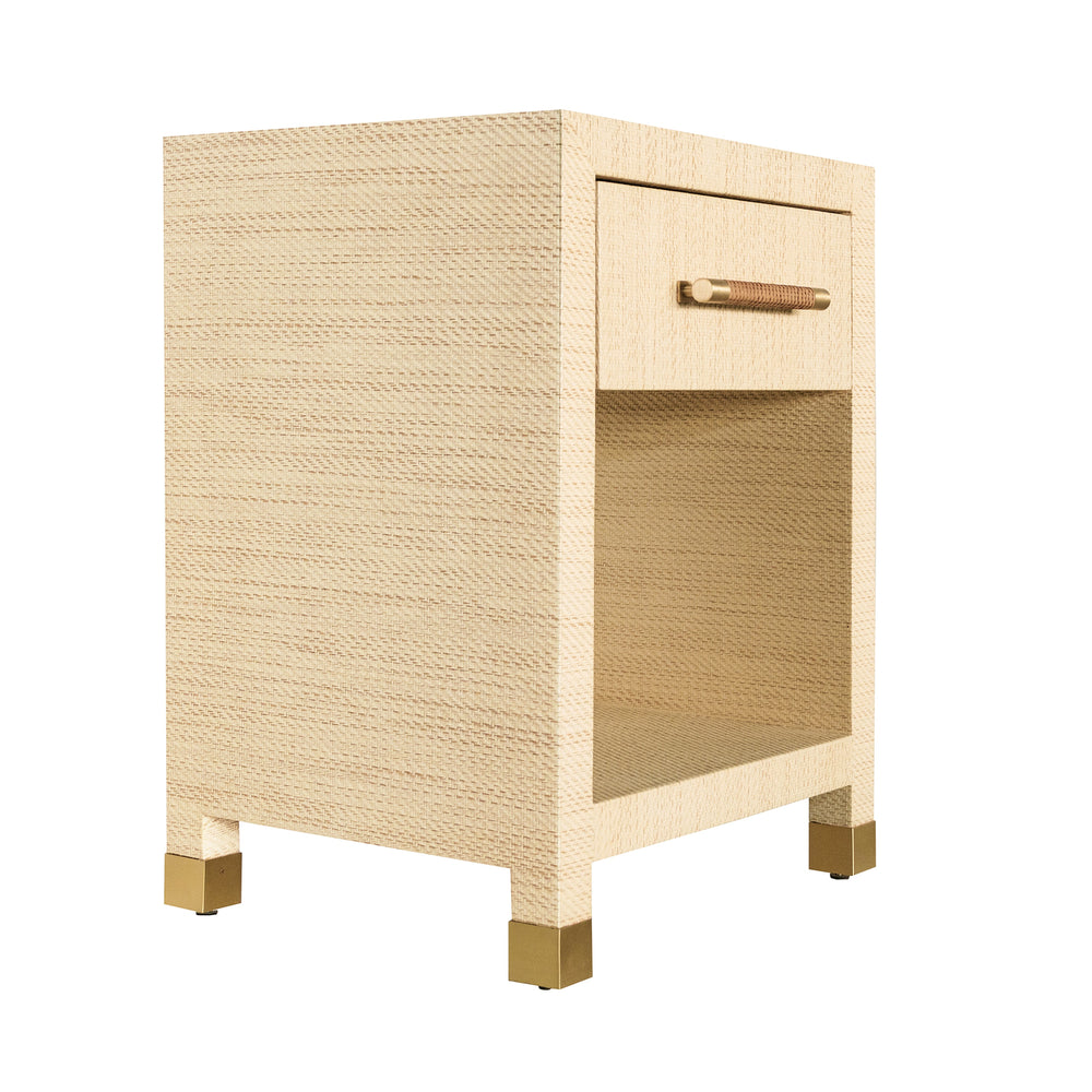 ONE DRAWER SIDE TABLE WITH RATTAN WRAPPED HANDLE IN NATURAL GRASSCLOTH