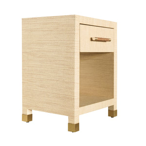 ONE DRAWER SIDE TABLE WITH RATTAN WRAPPED HANDLE IN NATURAL GRASSCLOTH