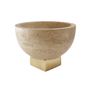 TRAVERTINE MARBLE BOWL WITH RIBBED BRASS BASE