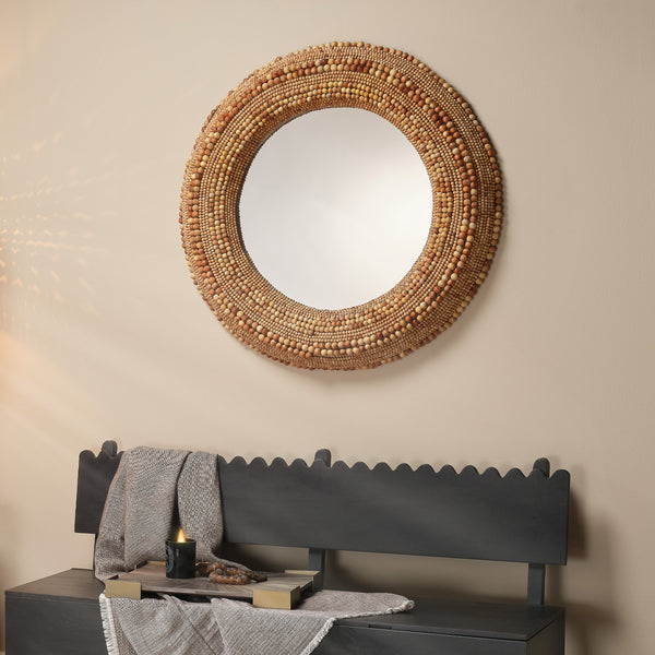 Strand Wood Beaded Round Wall Mirror, Natural