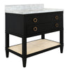 BATH VANITY IN MATTE BLACK LACQUER WITH OPEN CANE SHELF, WHITE MARBLE TOP, PORCELAIN SINK, AND ANTIQUE BRASS RING HARDWARE