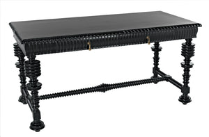 Portuguese Small Desk in Hand-Rubbed Black Mahogany with Brass Pulls
