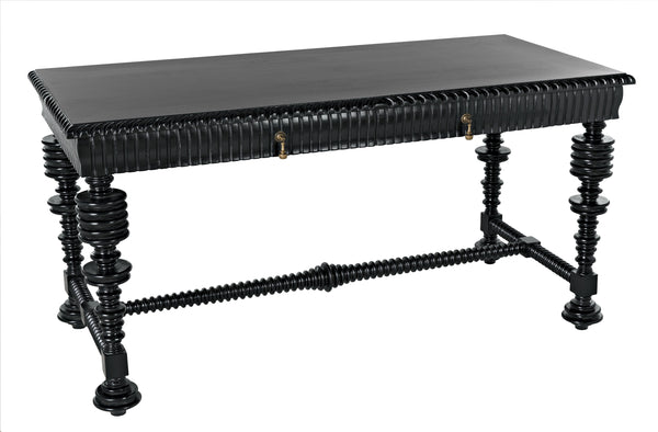 Portuguese Small Desk in Hand-Rubbed Black Mahogany with Brass Pulls