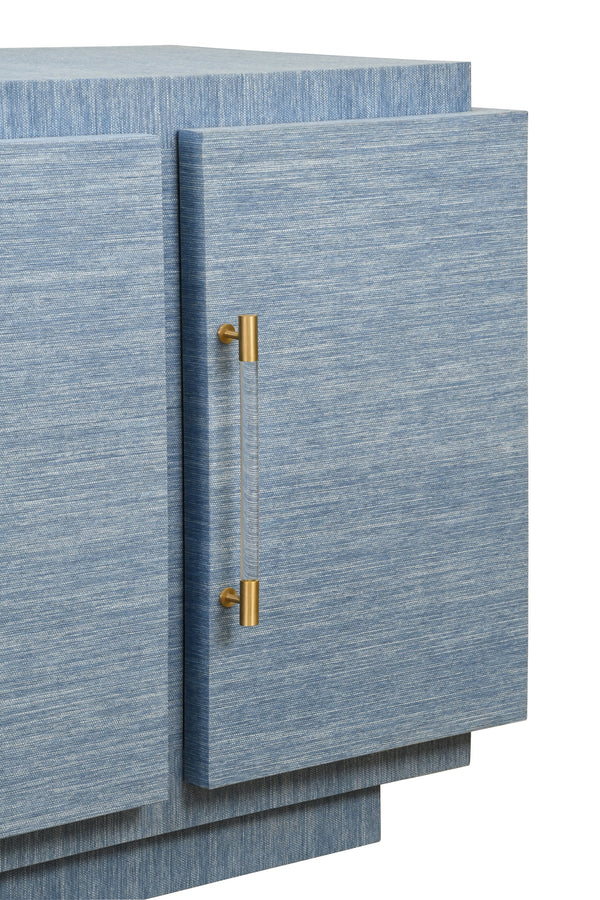 FOUR DOOR WRAP AROUND MODERN BUFFET WITH BRASS FLUTED HANDLES IN DYED BLUE GRASSCLOTH