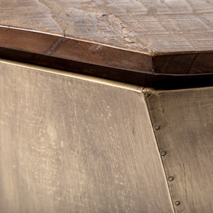 Esagono Octagonal Gold Metal-Clad Reclaimed Wood End/Side Table w/ Storage