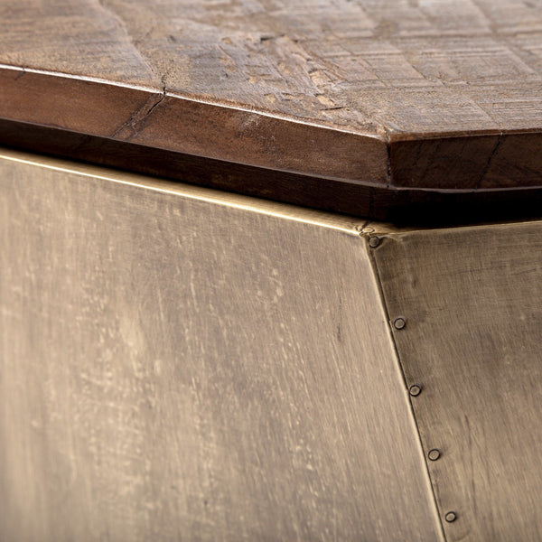 Esagono Octagonal Gold Metal-Clad Reclaimed Wood End/Side Table w/ Storage