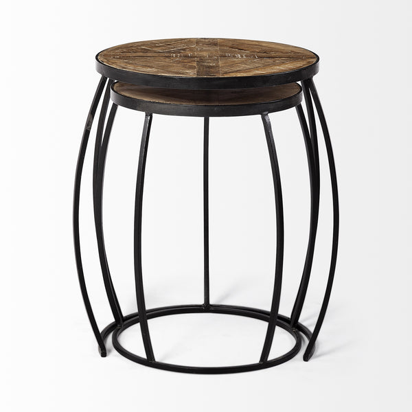 Clapp III (Set of 2) 20L x 20W Brown Round Wood Top W/ Black Metal Frame Nesting Accent Tables