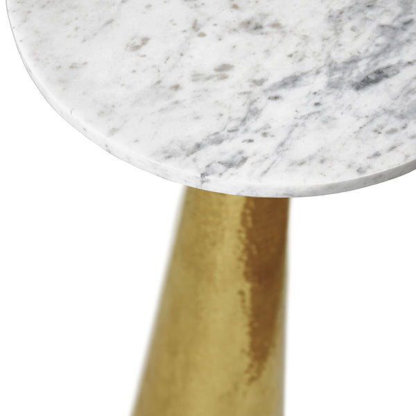 HAMMERED BRASS SIDE TABLE WITH TAPERED BASE AND ROUND WHITE MARBLE TOP