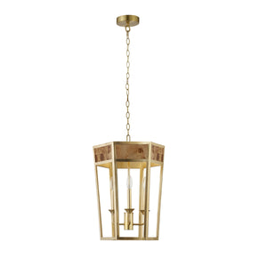 4-LIGHT HEXAGON PENDANT WITH GOLD METAL FRAME AND INSET BURL WOOD
