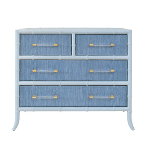 FOUR DRAWER CHEST WITH BAMBOO DETAIL IN BLUE DYED GRASSCLOTH AND LIGHT BLUE MATTE LACQUER