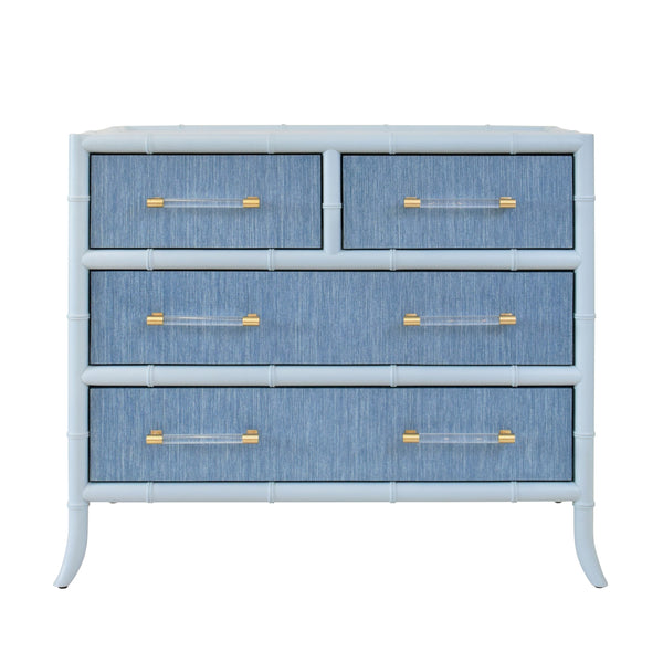 FOUR DRAWER CHEST WITH BAMBOO DETAIL IN BLUE DYED GRASSCLOTH AND LIGHT BLUE MATTE LACQUER