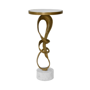 ROUND SCULPTURAL LOOP BASE SIDE TABLE IN ANTIQUE BRASS WITH INSET MIRROR TOP