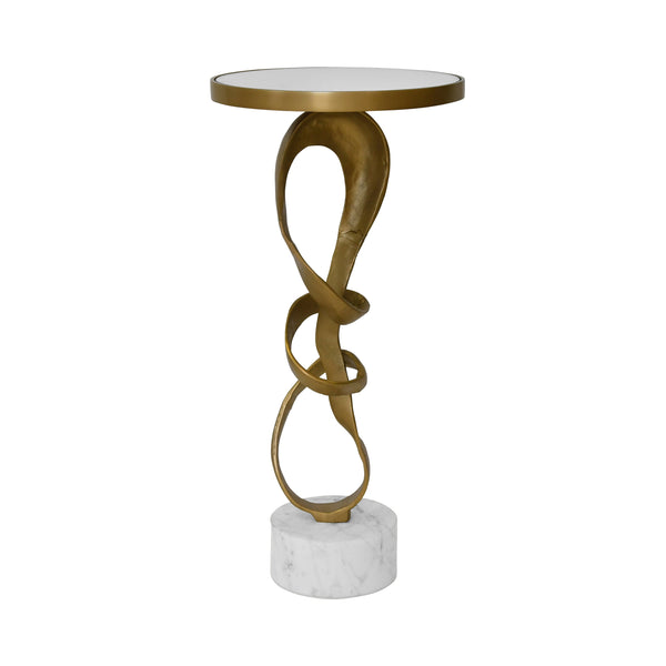 ROUND SCULPTURAL LOOP BASE SIDE TABLE IN ANTIQUE BRASS WITH INSET MIRROR TOP