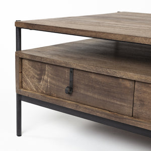 Glenn II 54x30 Dark Brown Wood w/ Black Iron Frame, Rectangle 3 Drawers Coffee Table
