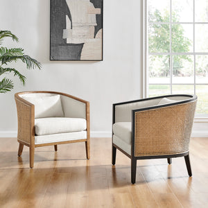 Tillman Fabric Accent Arm Chair w/ Rattan Black Frame, Shortbread/Natural