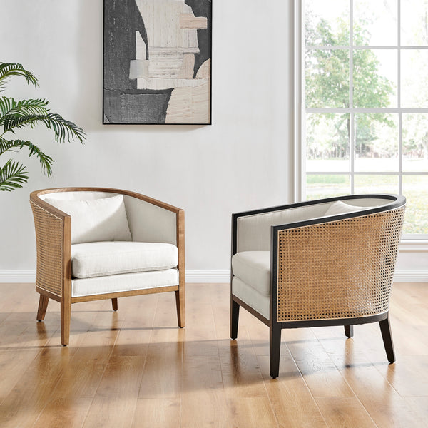 Tillman Fabric Accent Arm Chair w/ Rattan Black Frame, Shortbread/Natural