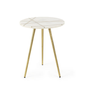 Vivienne  16.0L x 16.0W x 19.0H White Marble W/Antique Gold Metal Round Small Side Table