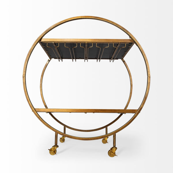 Carola Gold Frame Two-Tier Glass Shelves w/Stemware Holder Bar Cart