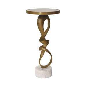 ROUND SCULPTURAL LOOP BASE SIDE TABLE IN ANTIQUE BRASS WITH INSET MIRROR TOP