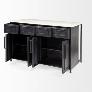 Fieri Solid Iron Black Body White Marble Top Four Drawer Kitchen Island