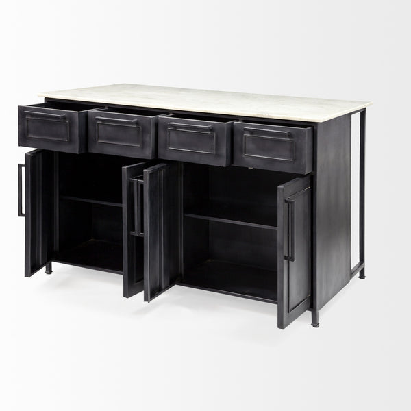 Fieri Solid Iron Black Body White Marble Top Four Drawer Kitchen Island
