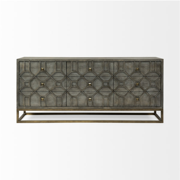 Genevieve II 70x15.8 Gray Fir Veneer W/Gold Metal Frame Base 9 Drawer Sideboard