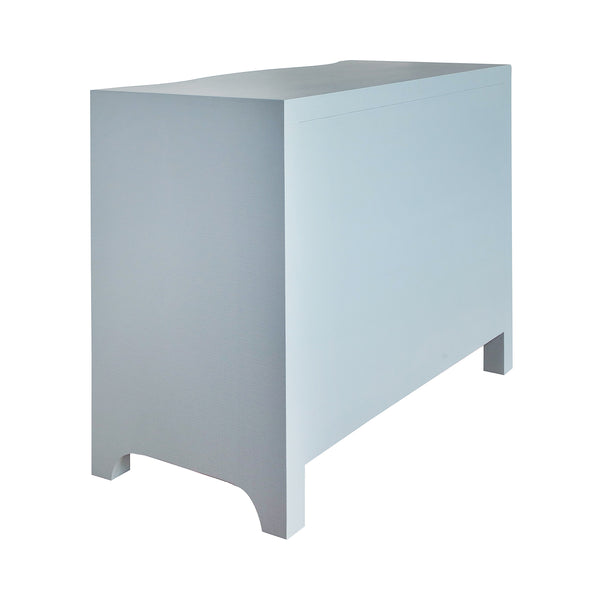 CURVED FRONT CHEST WITH THREE DRAWERS IN WHITE LIGHT BLUE TEXTURED LINEN WITH SATIN BRASS RING HARDWARE