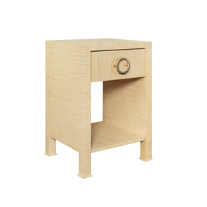 ONE DRAWER SIDE TABLE WITH ANTIQUE BRASS CIRCLE HARDWARE IN NATURAL GRASSCLOTH