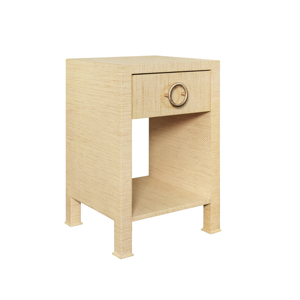 ONE DRAWER SIDE TABLE WITH ANTIQUE BRASS CIRCLE HARDWARE IN NATURAL GRASSCLOTH