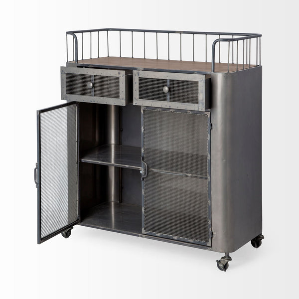 Udo Metal Frame Two Door Cabinet w/Two Drawers & Wood Top Bar Cart