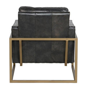 Ken Accent Chair in Jet Black Leather with Iron Base