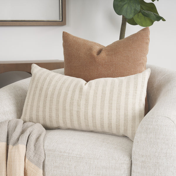 Jace Cream w/ Beige Stripe Lumbar Decorative Pillow Cover