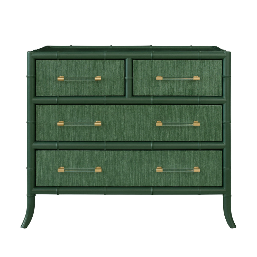 FOUR DRAWER CHEST WITH BAMBOO DETAIL IN GREEN DYED GRASSCLOTH AND DARK GREEN MATTE LACQUER