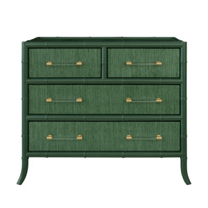 FOUR DRAWER CHEST WITH BAMBOO DETAIL IN GREEN DYED GRASSCLOTH AND DARK GREEN MATTE LACQUER