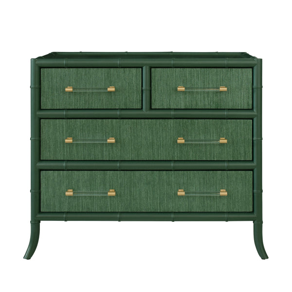 FOUR DRAWER CHEST WITH BAMBOO DETAIL IN GREEN DYED GRASSCLOTH AND DARK GREEN MATTE LACQUER