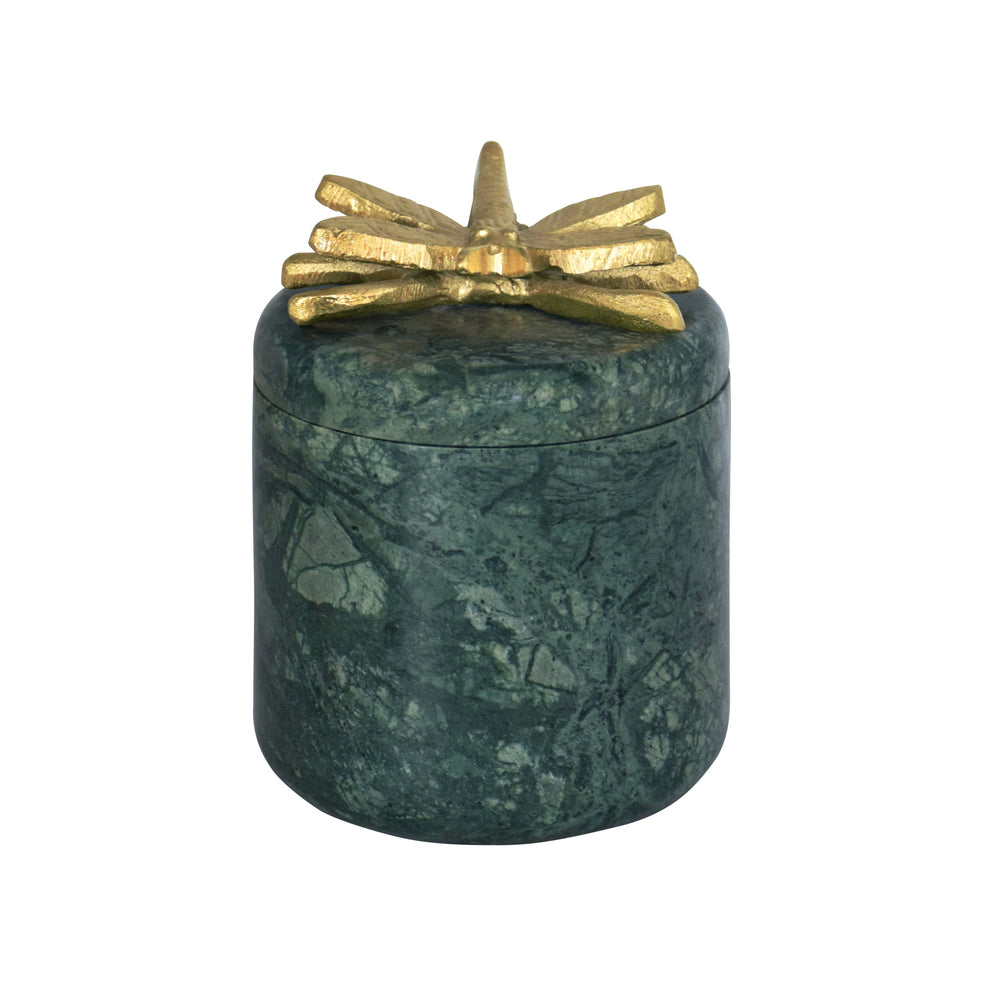 GREEN MARBLE CONTAINER WITH BRASS DRAGONFLY TOP