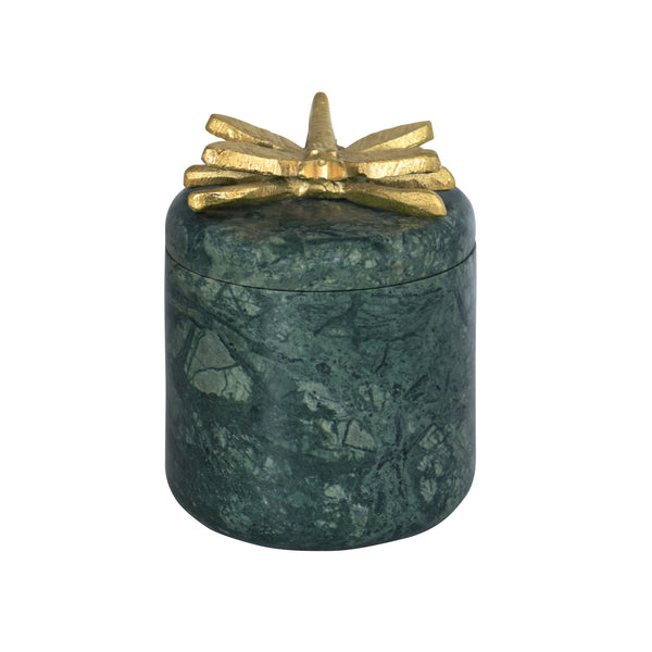 GREEN MARBLE CONTAINER WITH BRASS DRAGONFLY TOP