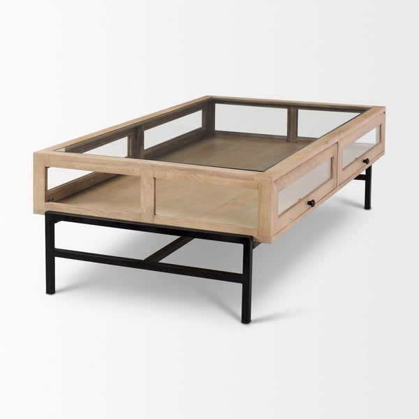 Arelius 42"L Rectangular Light Brown Wood w/ Black Metal Base Display Coffee Table