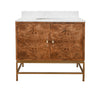 BATH VANITY IN MATTE DARK BURL WOOD AND ANTIQUE BRASS WITH WHITE MARBLE TOP AND PORCELAIN SINK