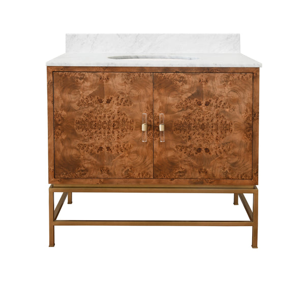 BATH VANITY IN MATTE DARK BURL WOOD AND ANTIQUE BRASS WITH WHITE MARBLE TOP AND PORCELAIN SINK